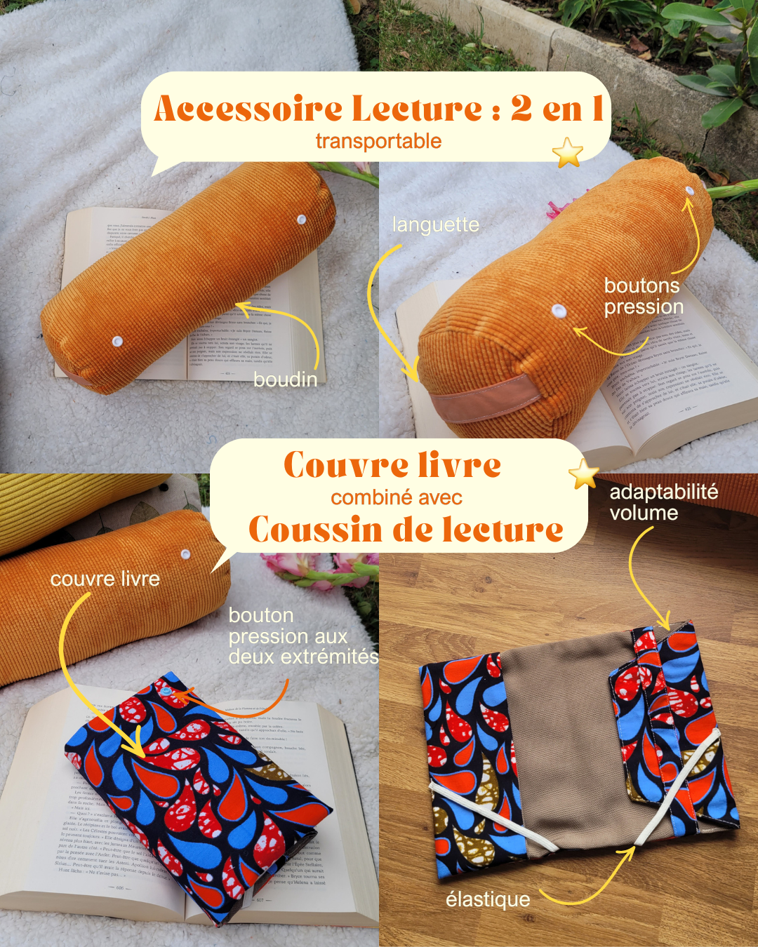 accessoires lecture 2 en 1 qui combine couvre-livre et coussin de lecture - modèle exclusif cousu en France